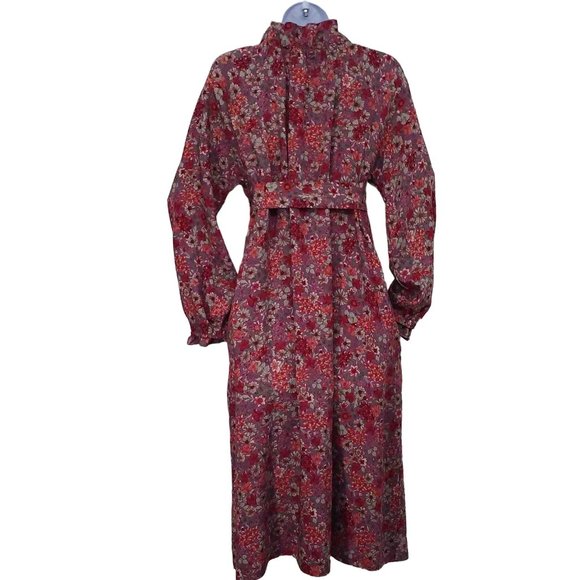 Vintage 80s Neil's Apparel Floral Shift Dress L(12) Pockets Ruffles Bow Belt - Picture 10 of 11